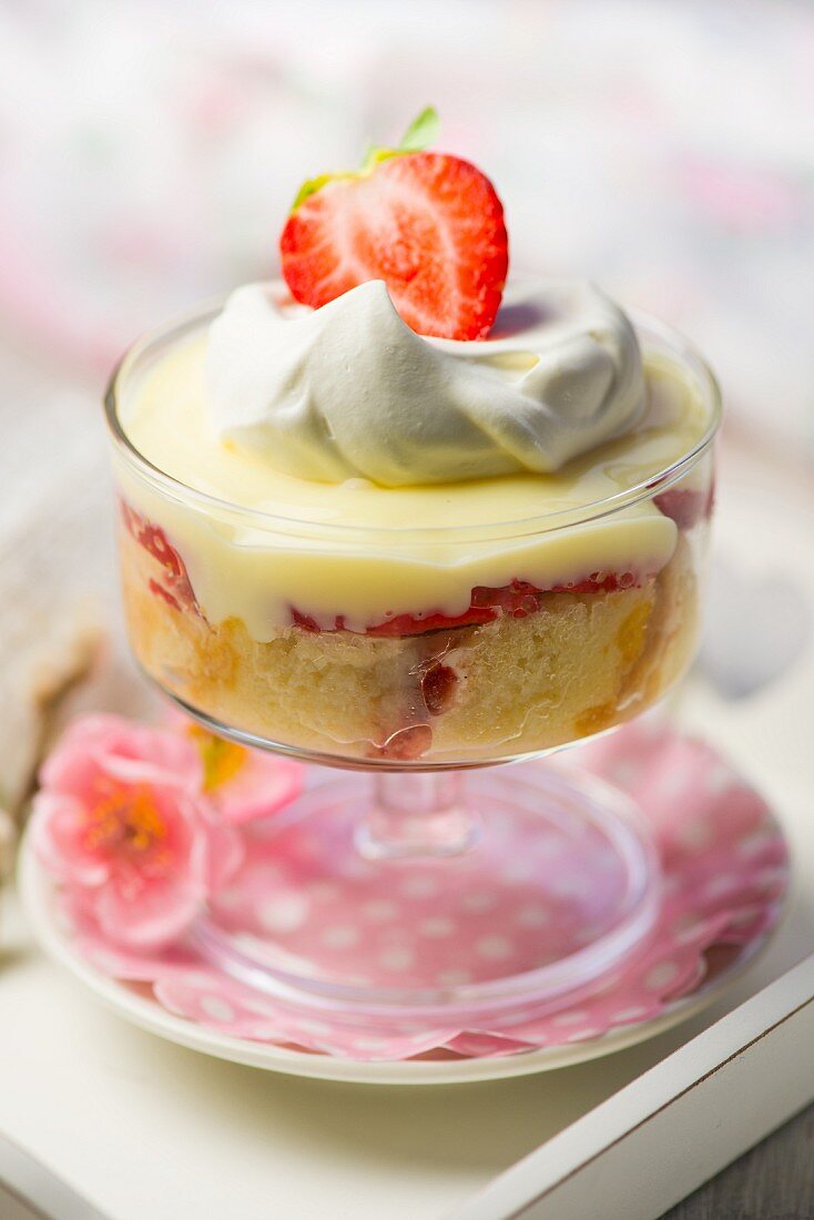 Strawberry trifle in a glass bowl