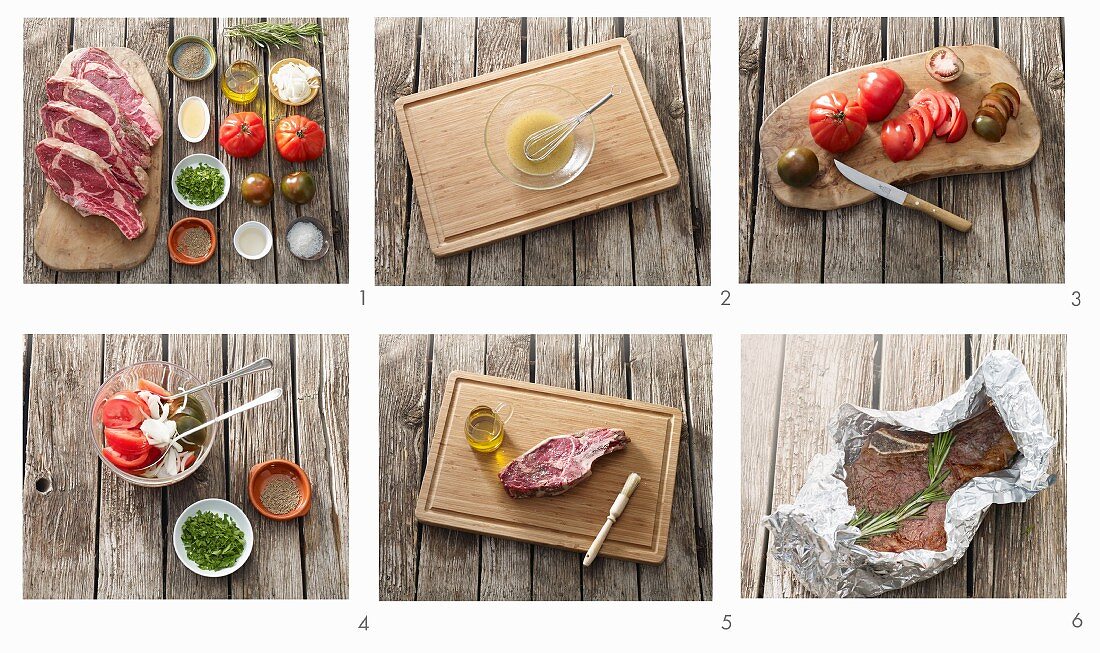 Grilled beef chops with tomato salad being made