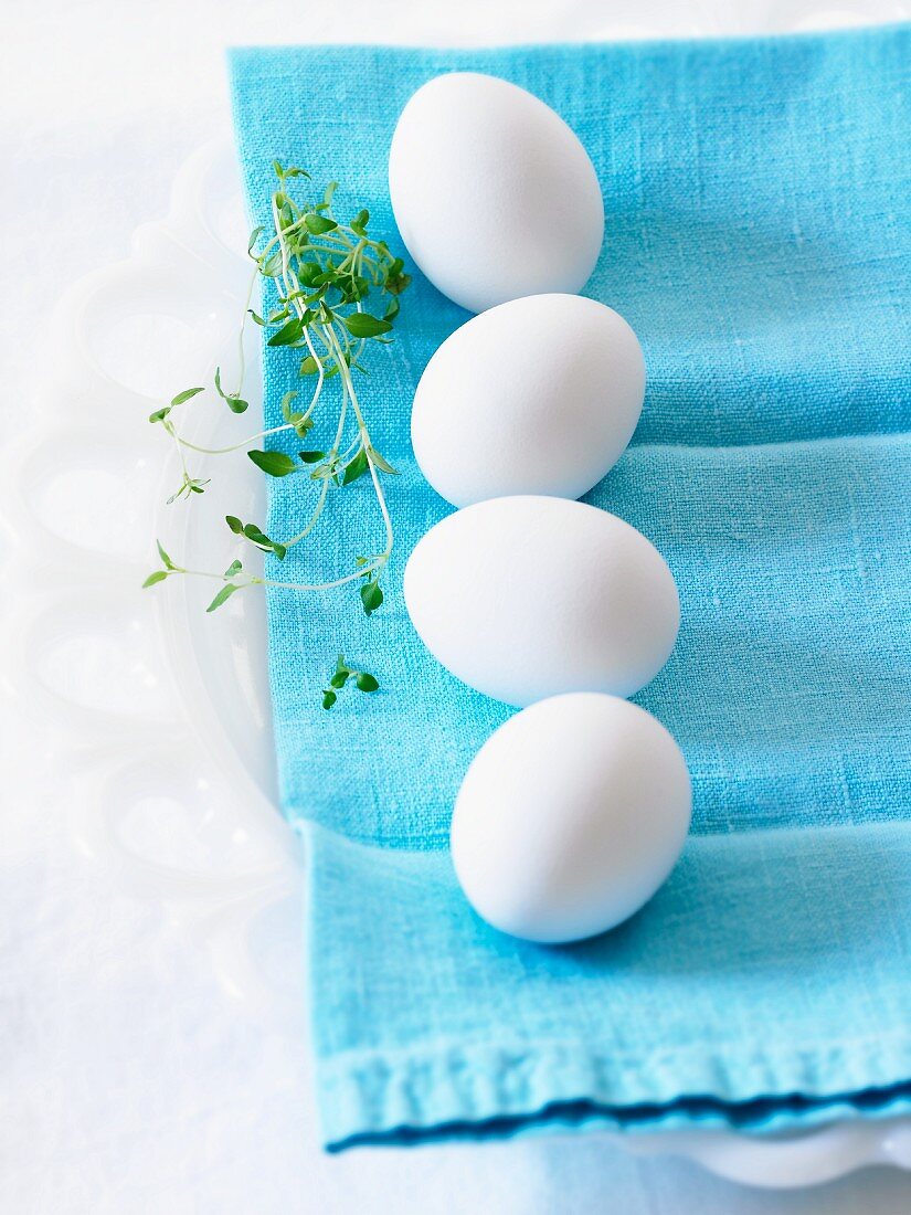 weiße Eier auf blauem Tuch