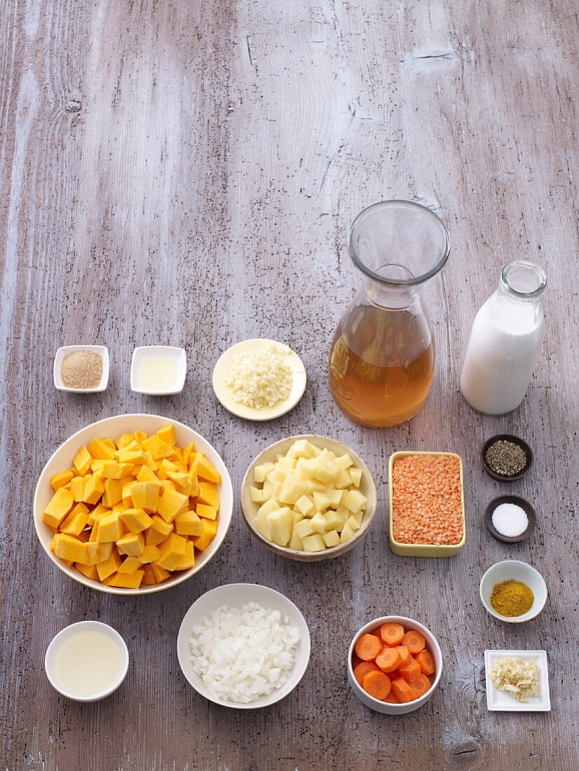 Ingredients for pumpkin and coconut soup