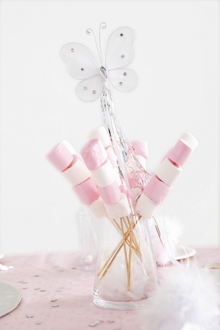 Pink and white marshmallow skewers for a fairy party