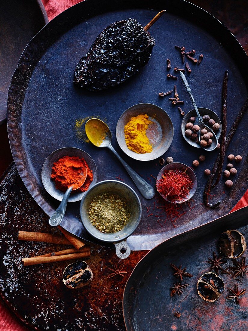 Oriental spices on a metal tray