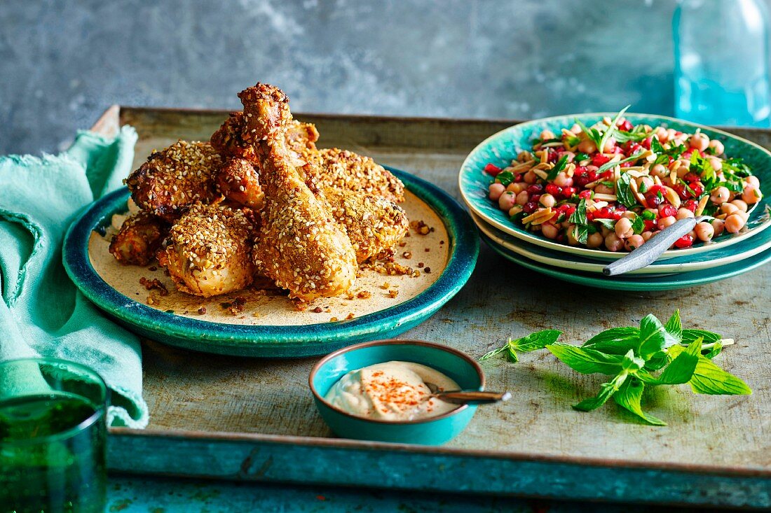 Moroccan chicken legs with a Harissa Dukkaund chickpea salad