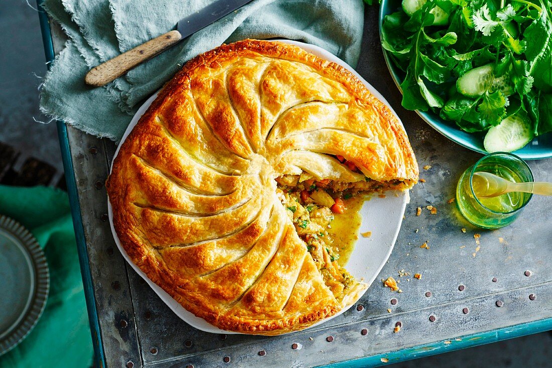 Moroccan chicken pie, sliced