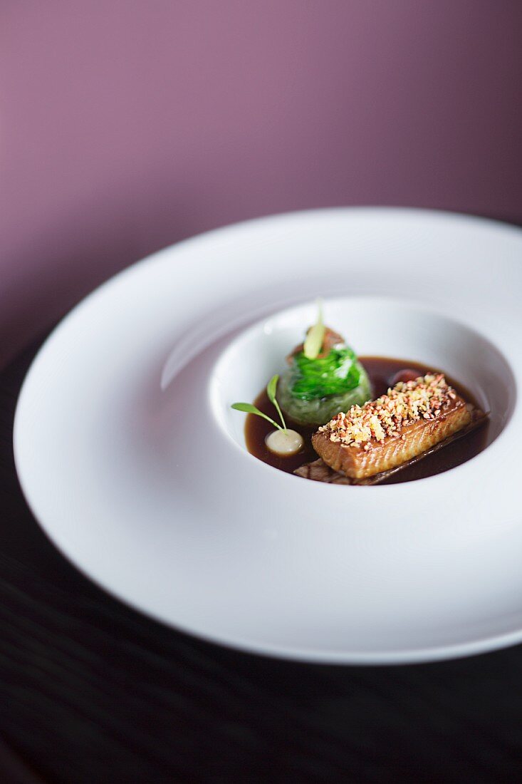 A dish from the restaurant Lafleur, eel with pork belly, Frankfurt am Main, Germany