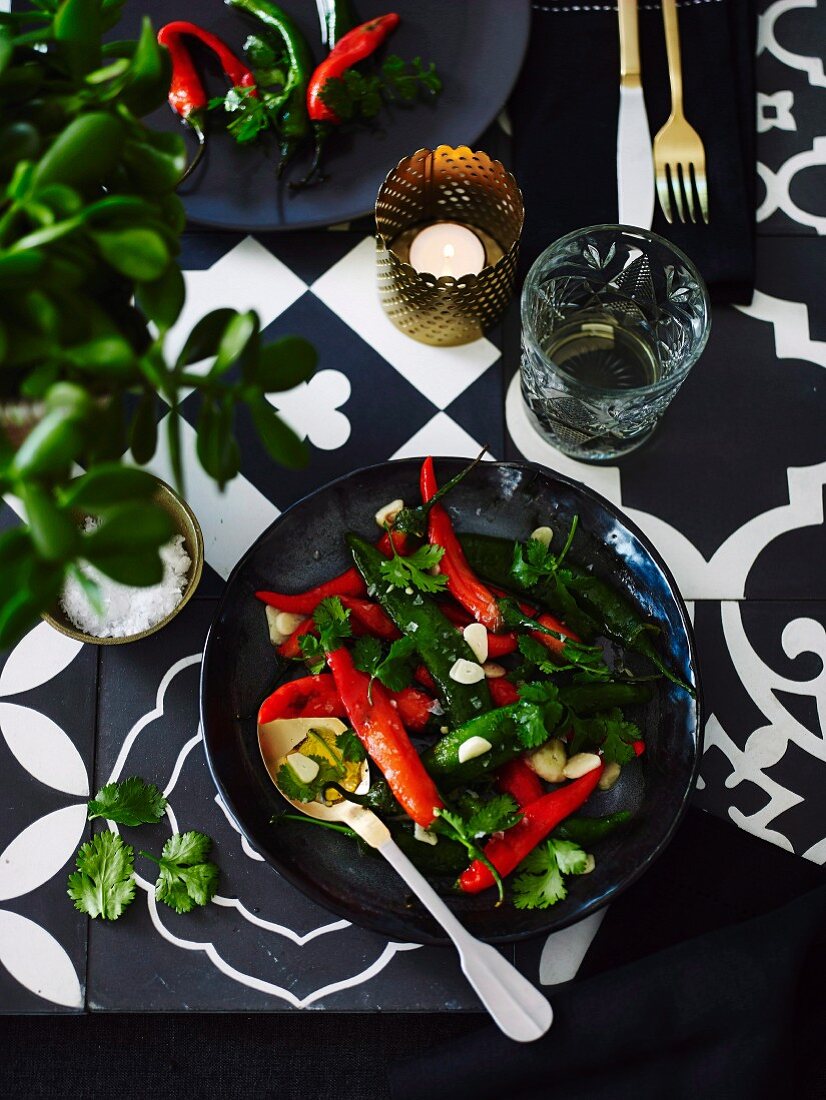 Salad of grilled chillies, coriander and garlic