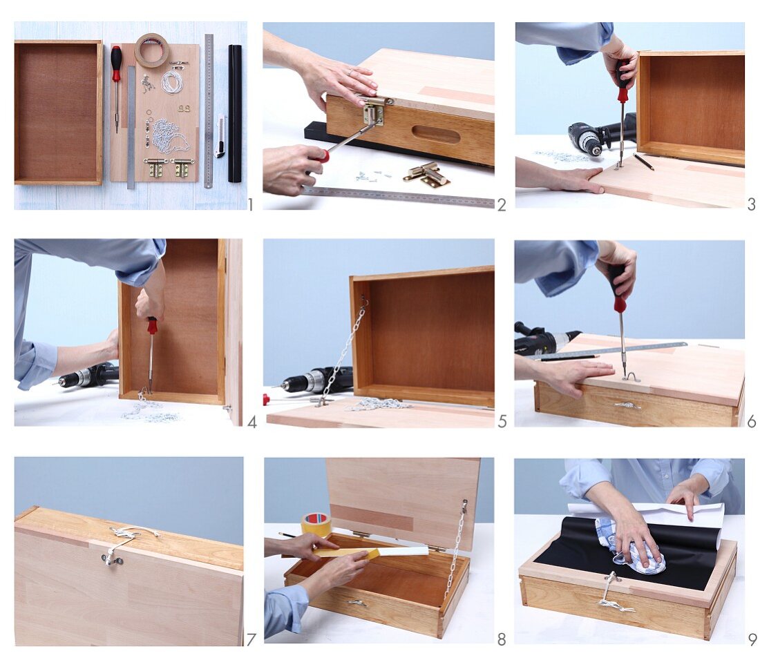 Instructions for making a miniature folding writing desk from an old wooden drawer