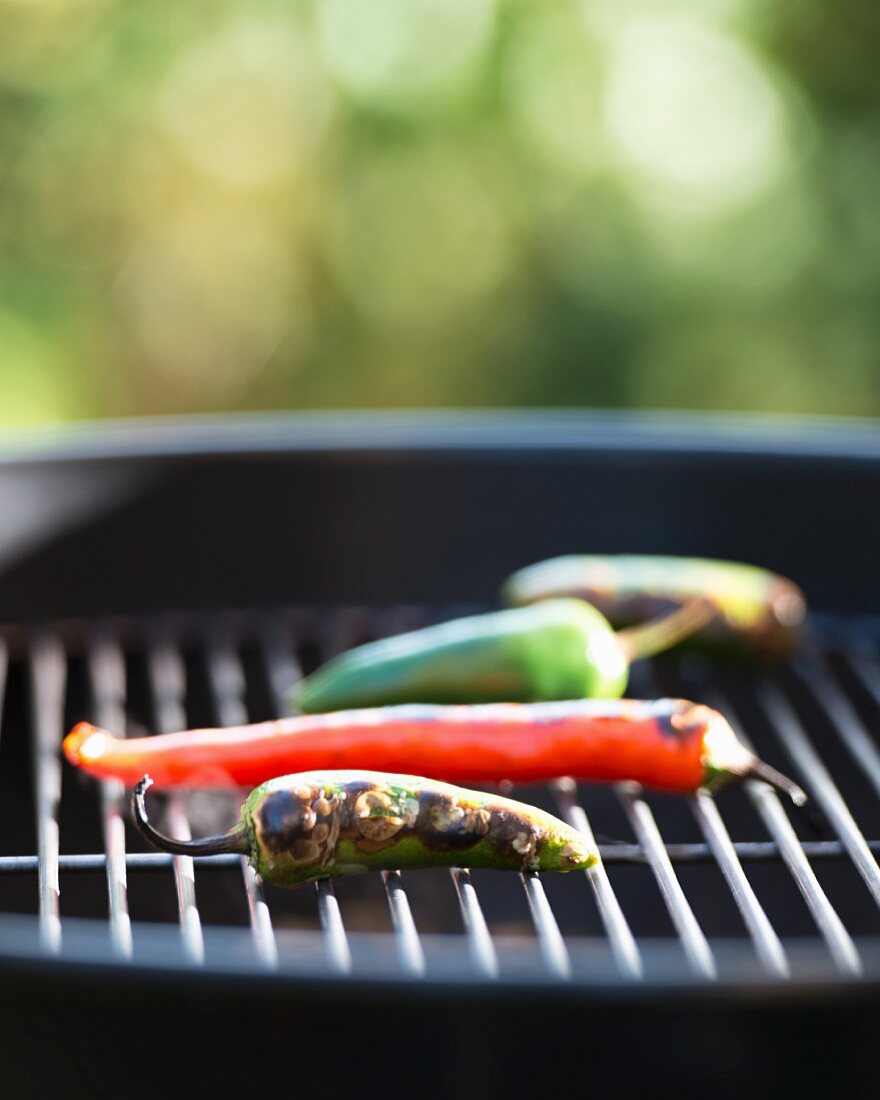 Chilli peppers on a barbecue