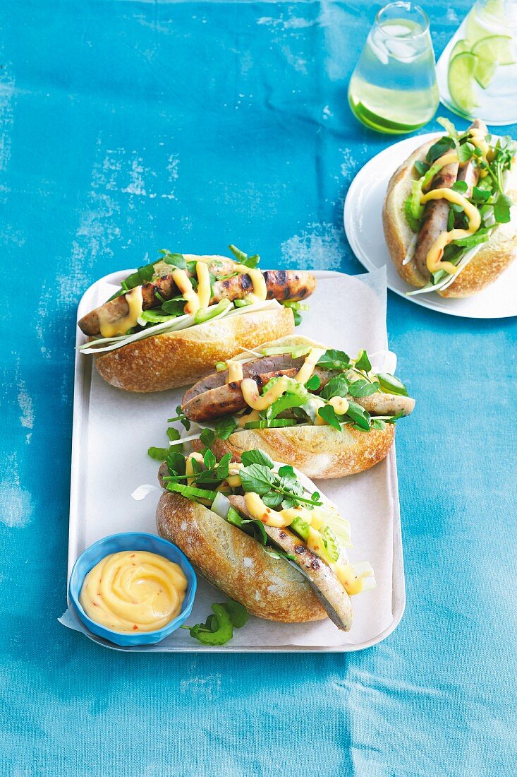 Pork and fennel hot dogs with chilli mayo