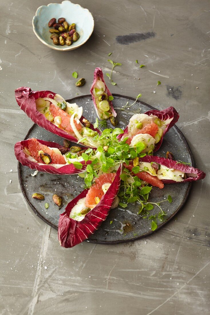 Salat von Fenchel und Trevisano mit rosa Grapefruit, Honigkresse und gerösteten Pistazien