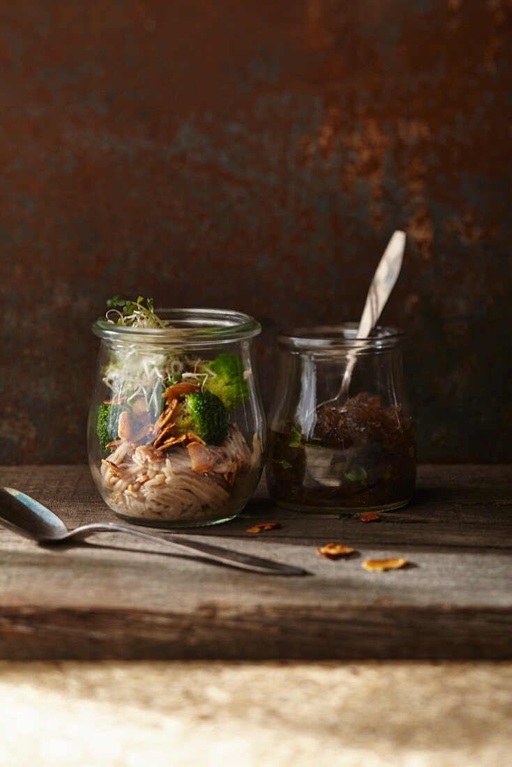 Chestnut vermicelli with almond broccoli and red onion confit