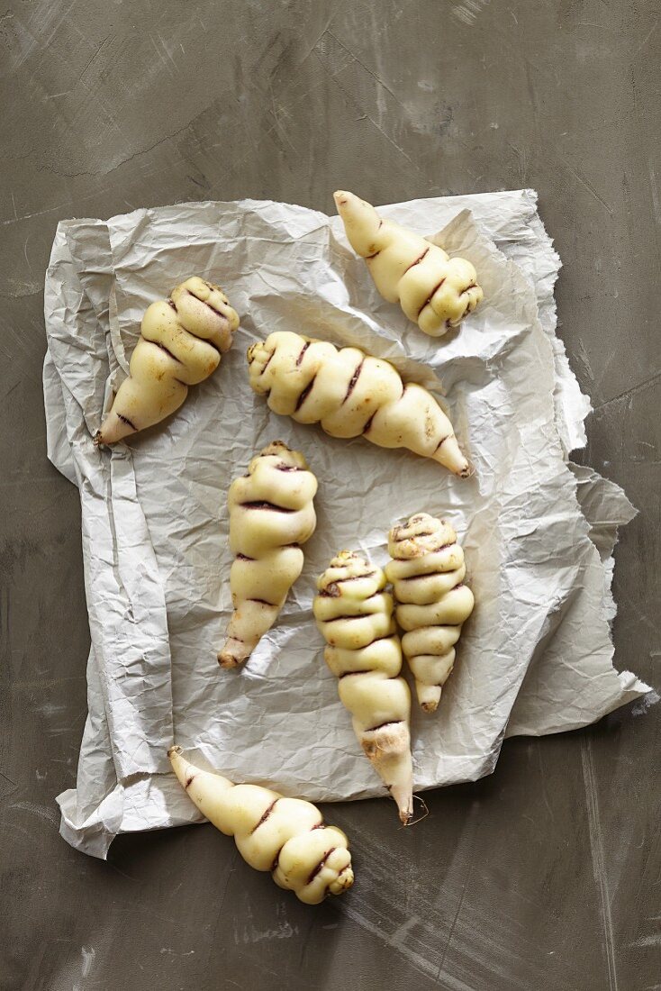 Cubio potatoes on a piece of paper