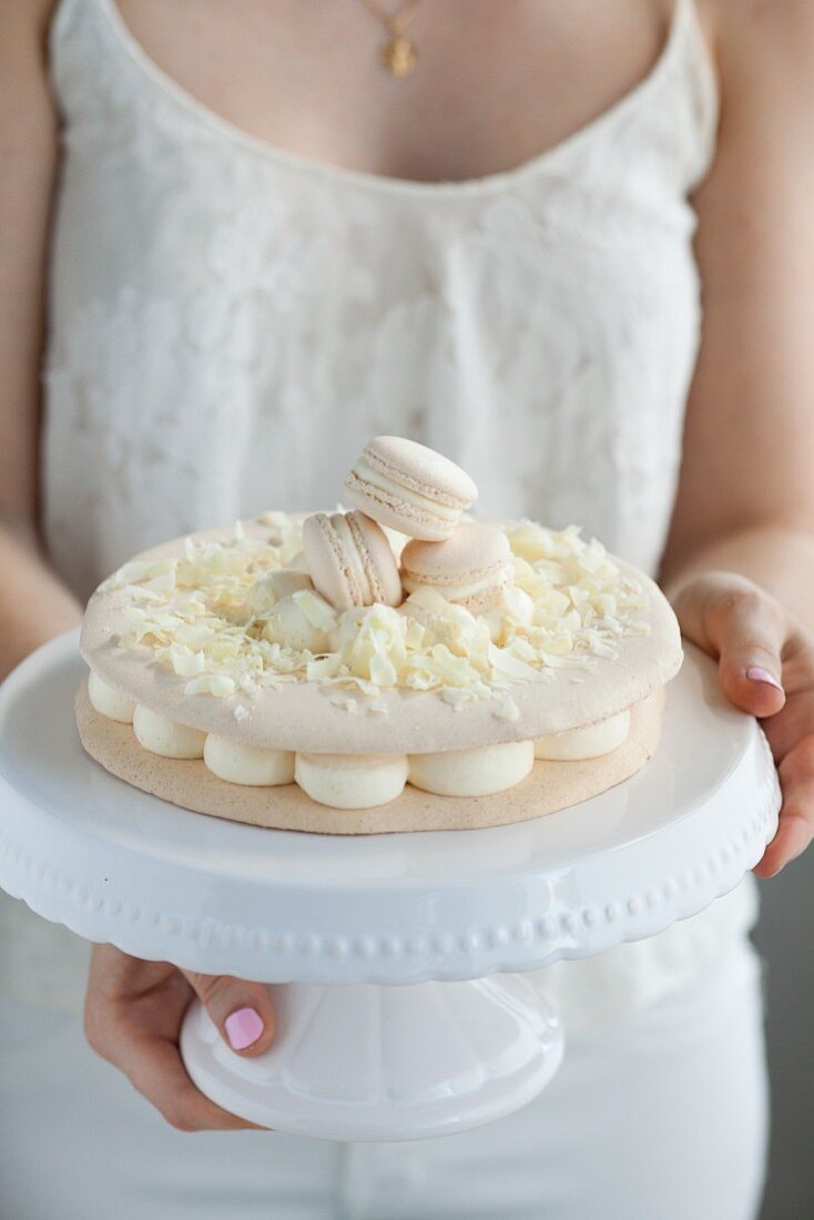 A macaroon cake with white chocolate mousse