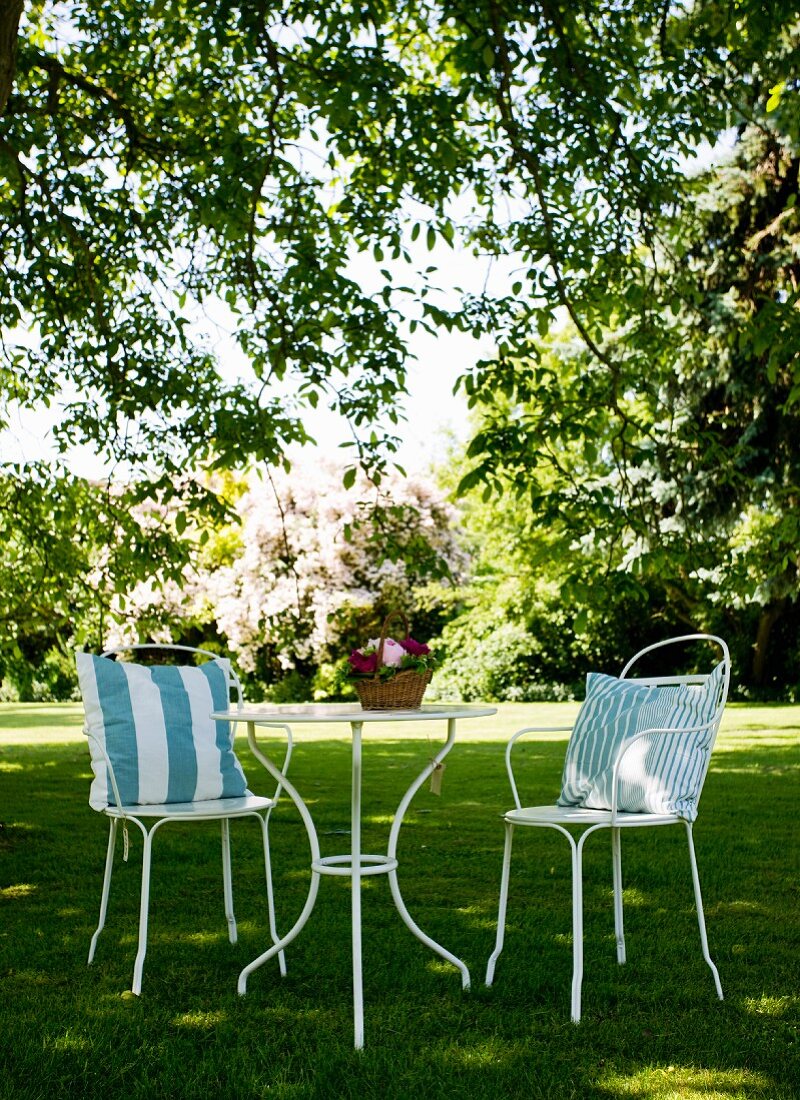 Cushions on two spindly metal chairs at round table on lawn in garden