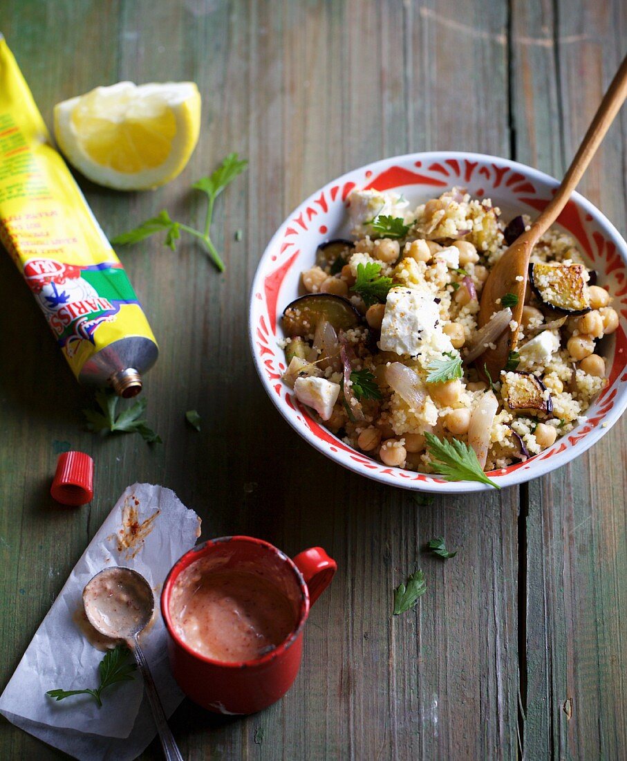 Aubergine and couscous with feta cheese