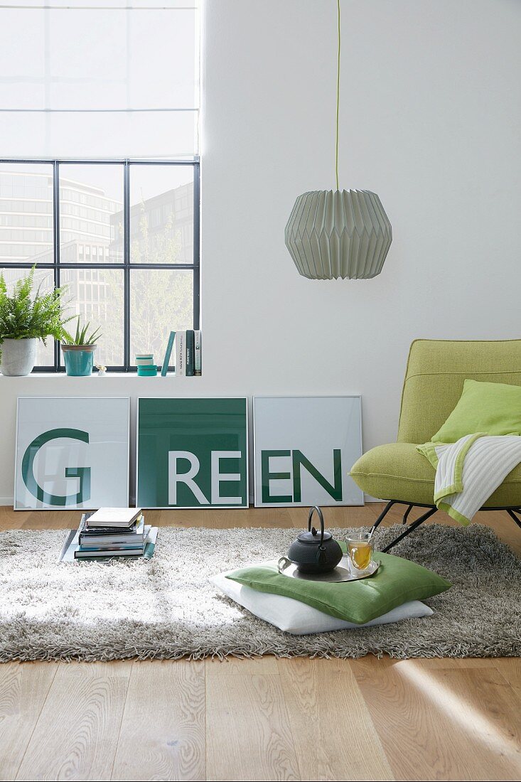 A DIY three-piece with the word 'green' as wall decoration