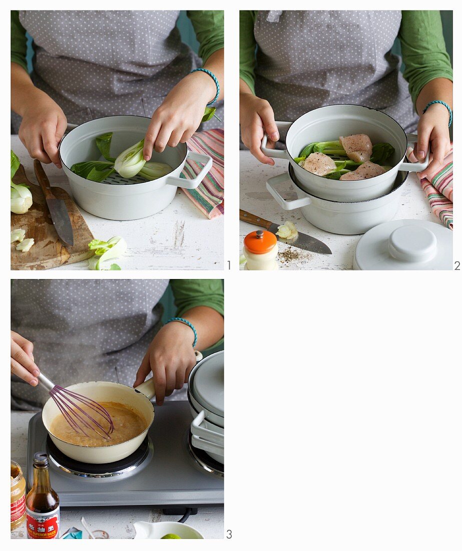 Chicken fillet with bok choy and peanut butter sauce being made