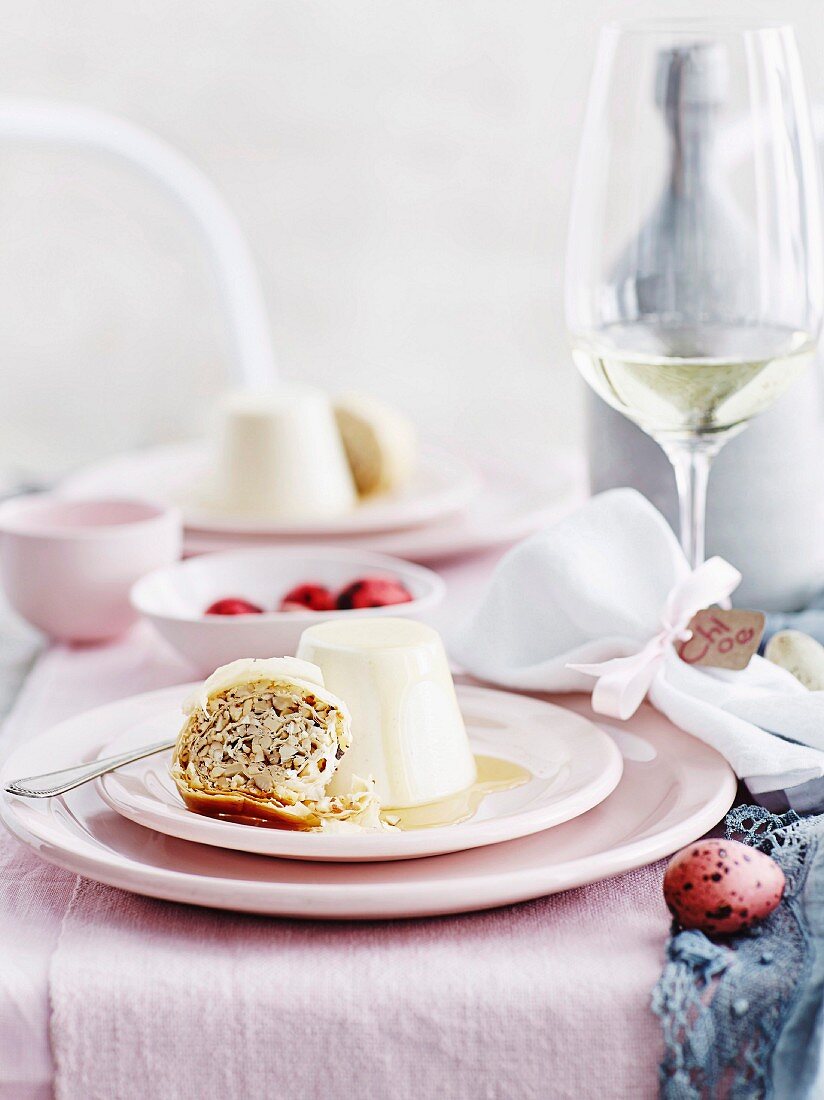 Yoghurt and cardamom panna cotta with baklava biscotti