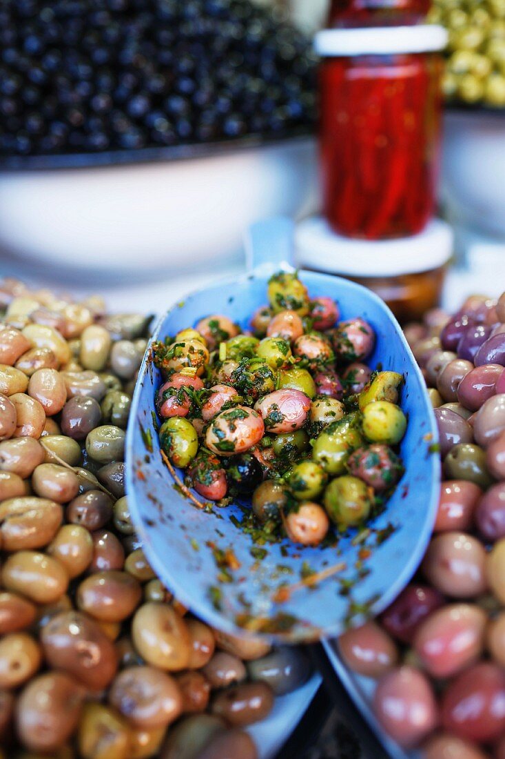 Preserved olives at a market in Marrakesh, Morocco