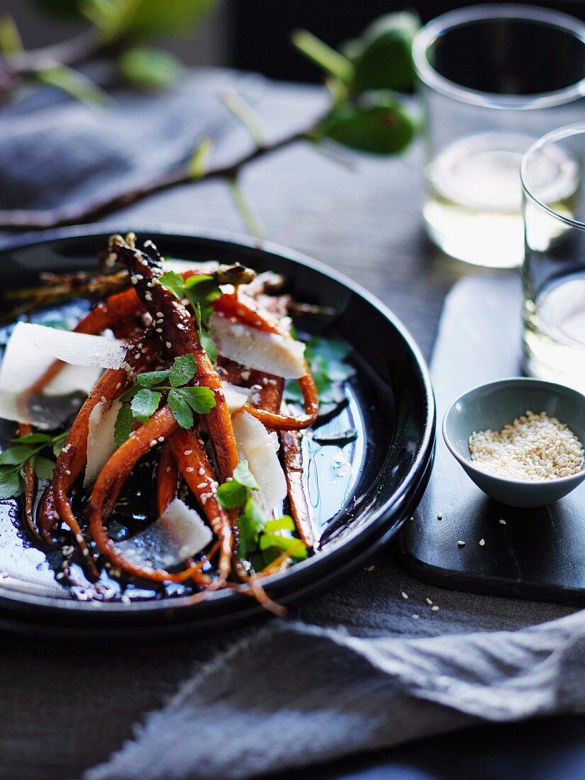 Roast Carrots with honey, sesame and parmesan