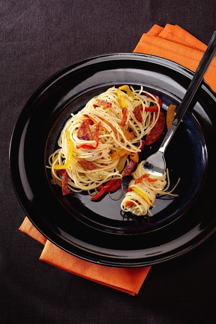 Spicy spaghetti with chilli and chorizo