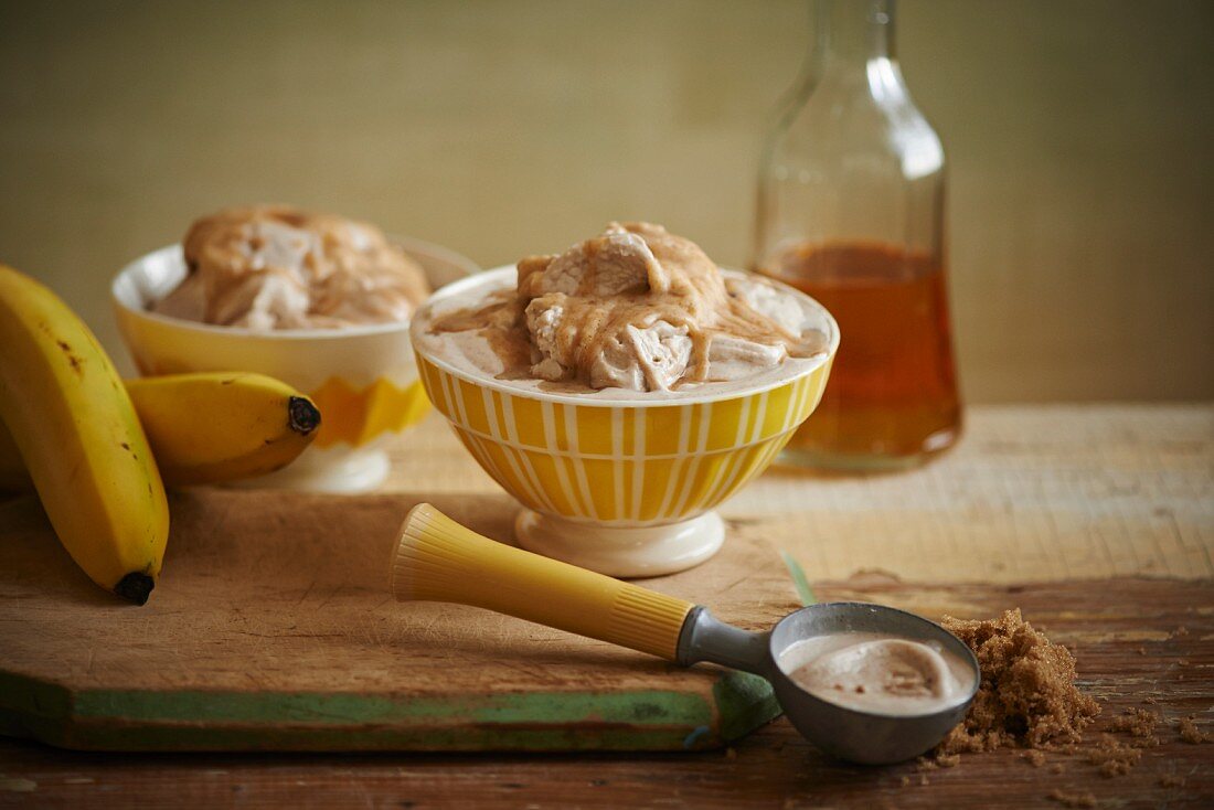 Salted butterscotch caramel ice cream with bananas and rum