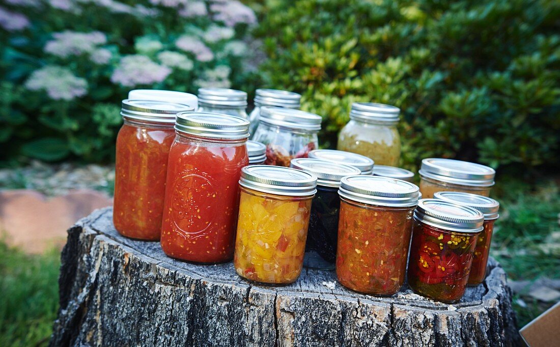Preserving jars of tomatoes and relishes on a tree stump in a garden