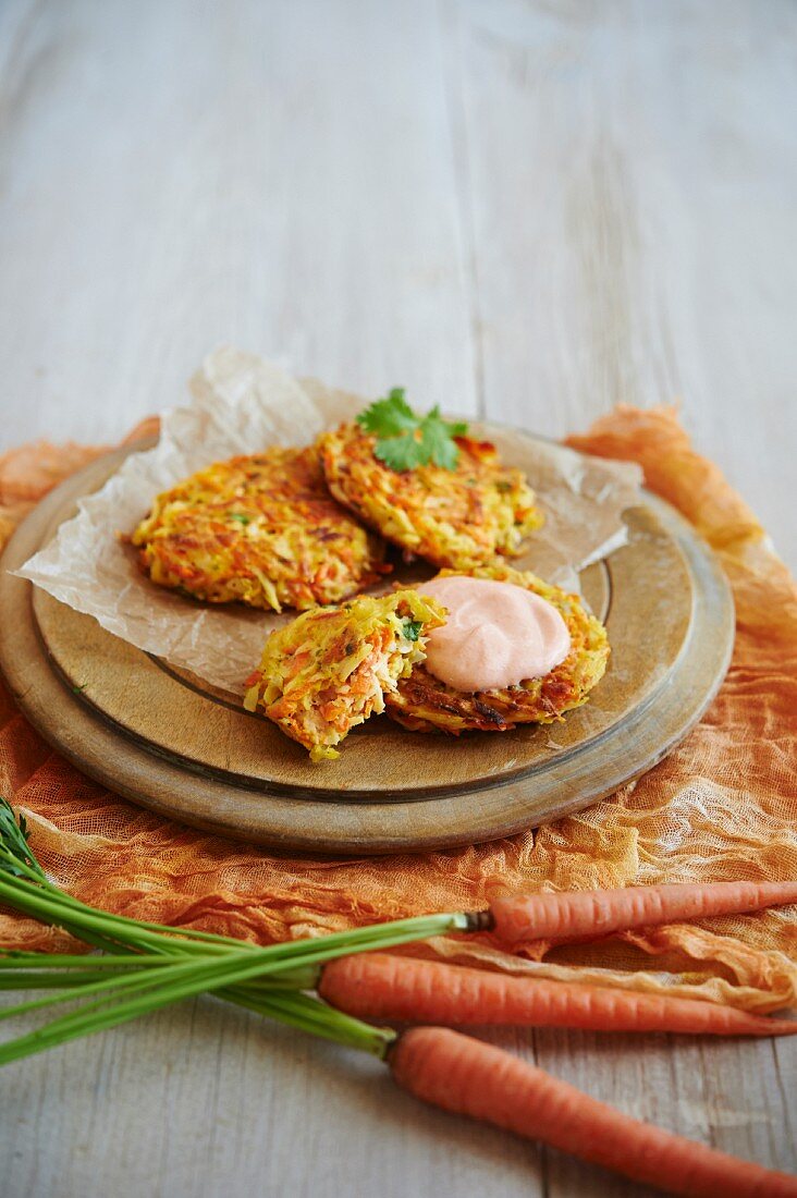 Carrots and parsnips fritters with Sriracha crème fraîche
