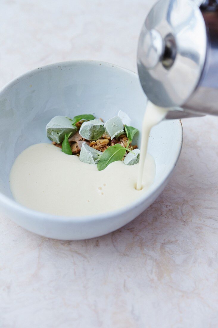 Celeriac soup with sorrel sorbet and cooked grains
