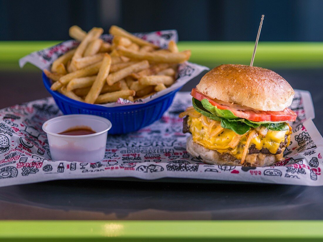 Cheeseburger with French Fries and Ketchup