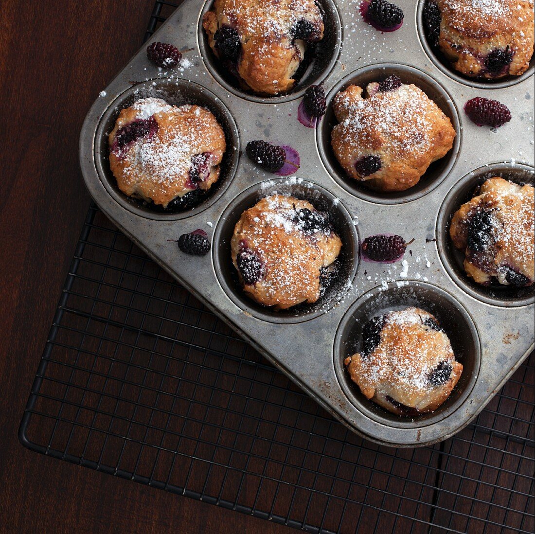 Freshly baked mulberry muffins in a muffin tin (seen from above)