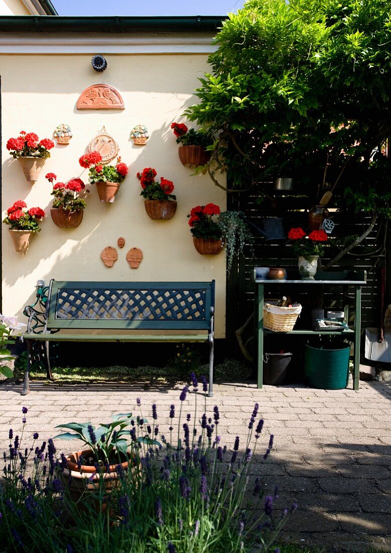 Wall-mounted planters above garden bench