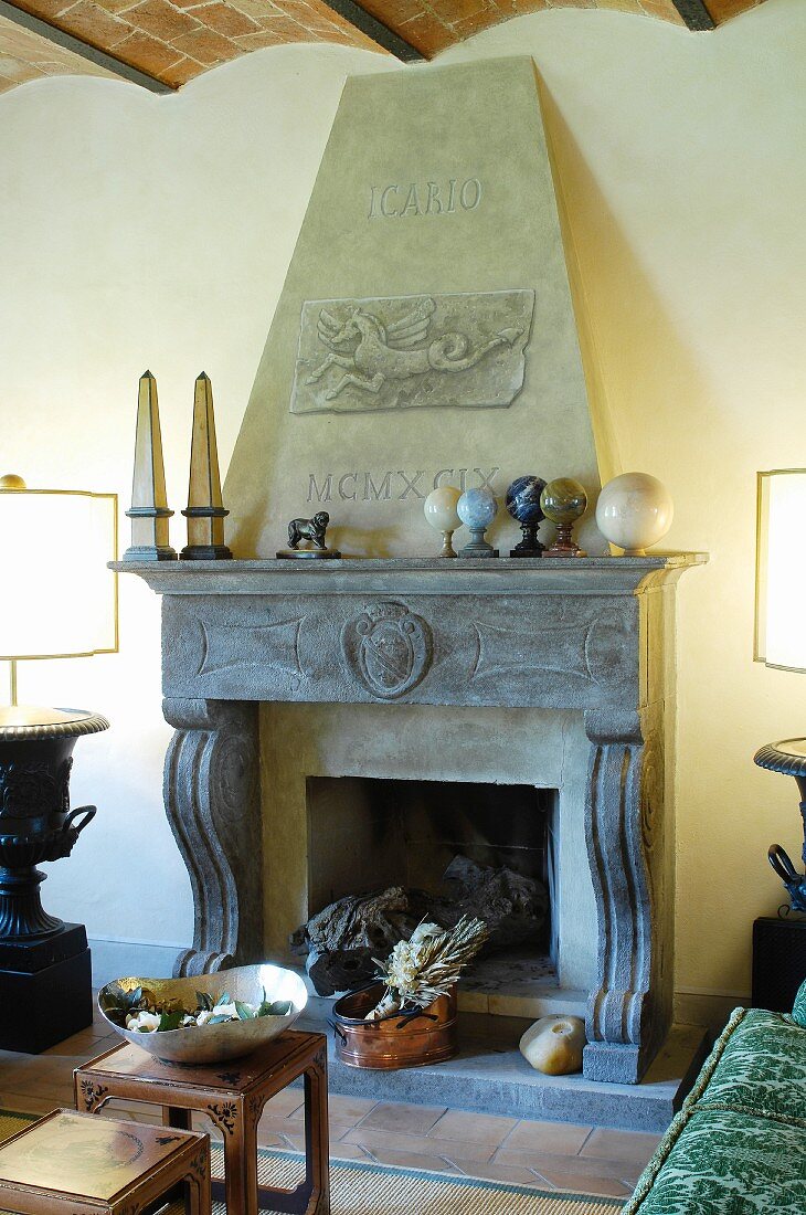 Open fireplace in Mediterranean living room