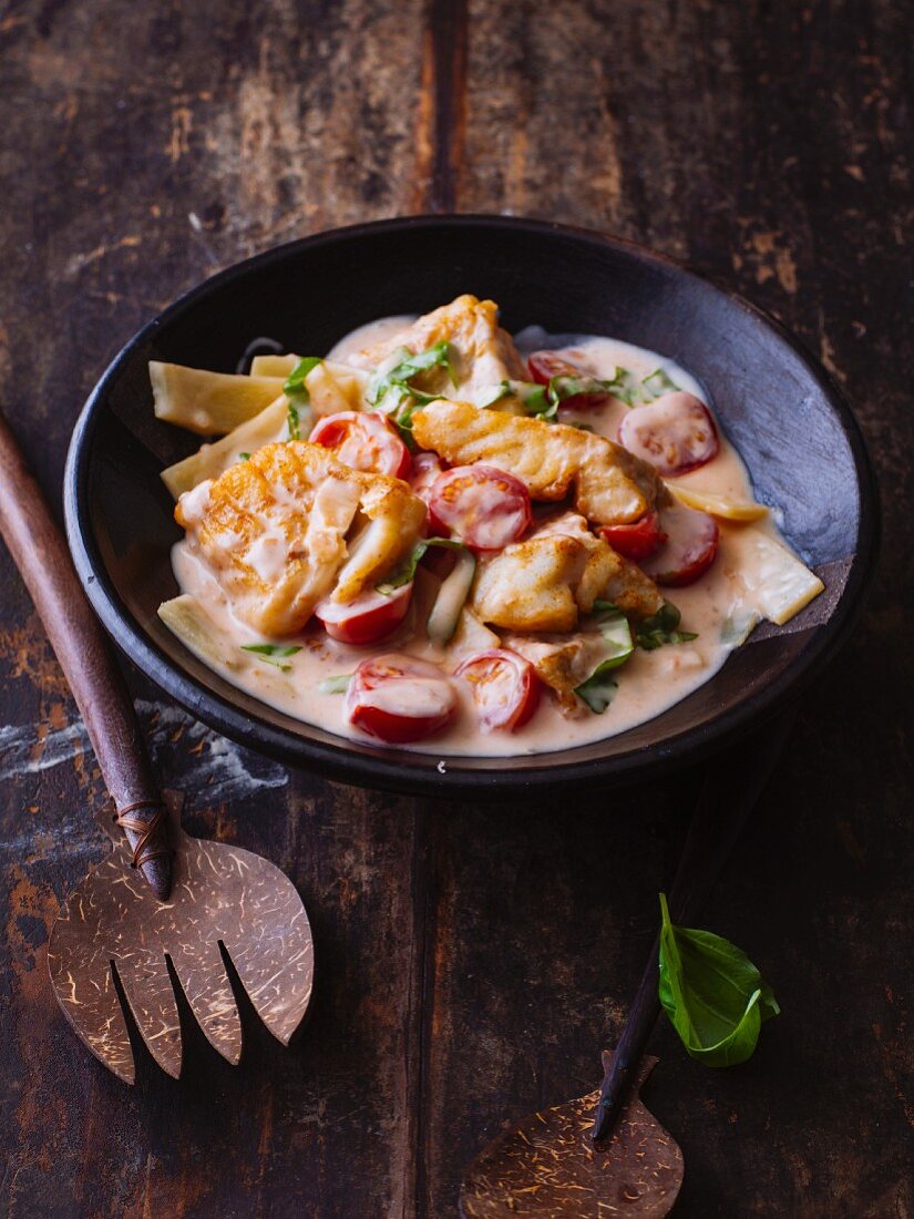 Coconut fish with cherry tomatoes and fresh basil