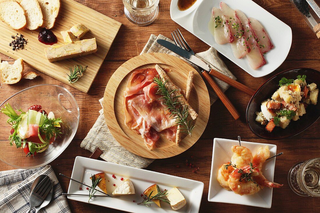 Various Spanish tapas (seen from above)