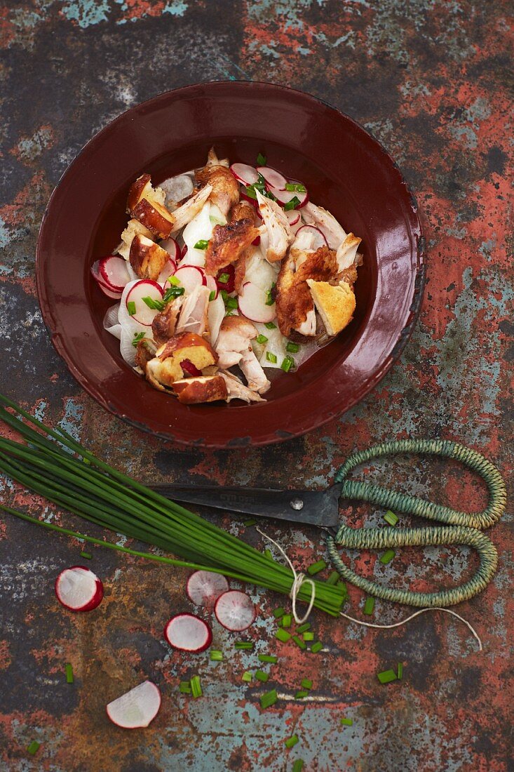 Roast chicken salad with radishes, croutons and chive vinaigrette