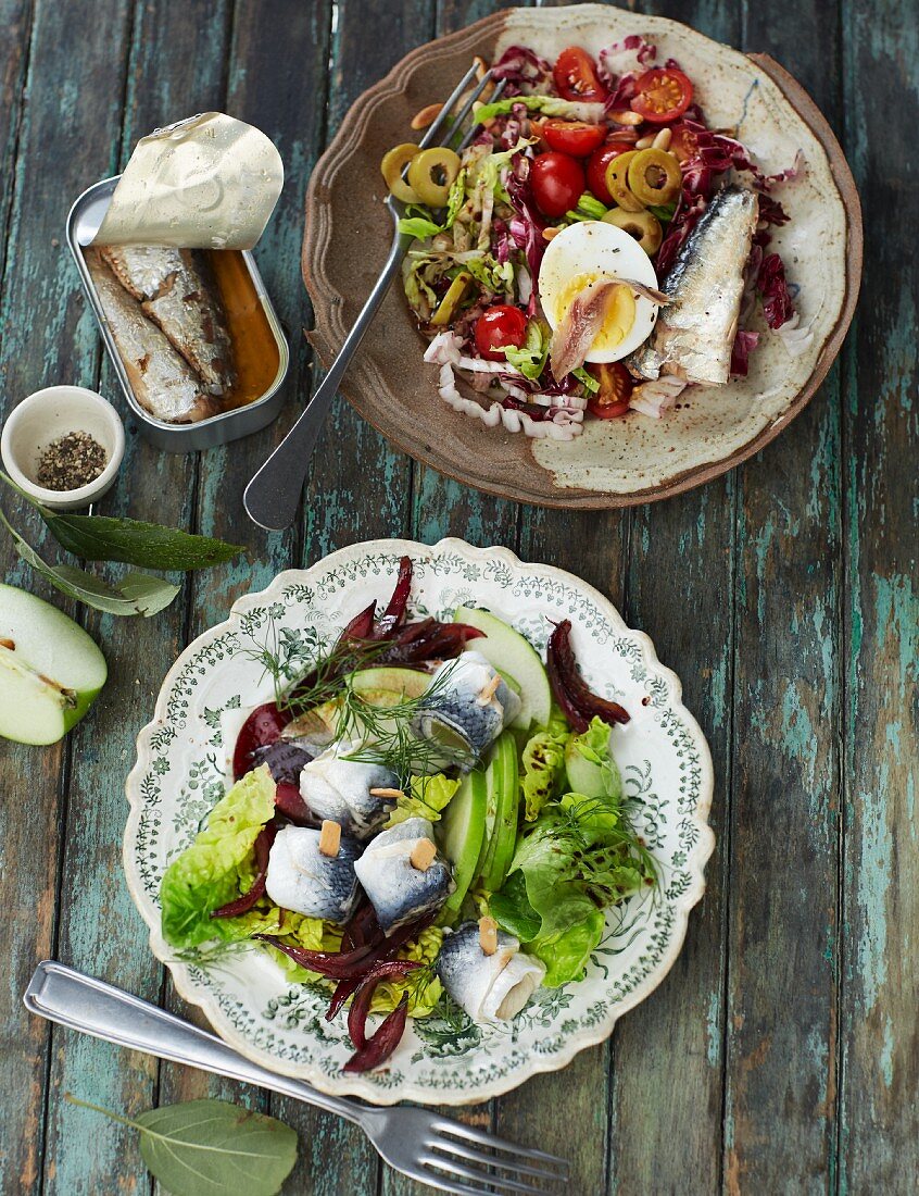 Mediterranean sardine salad and rollmop herring salad with green apples