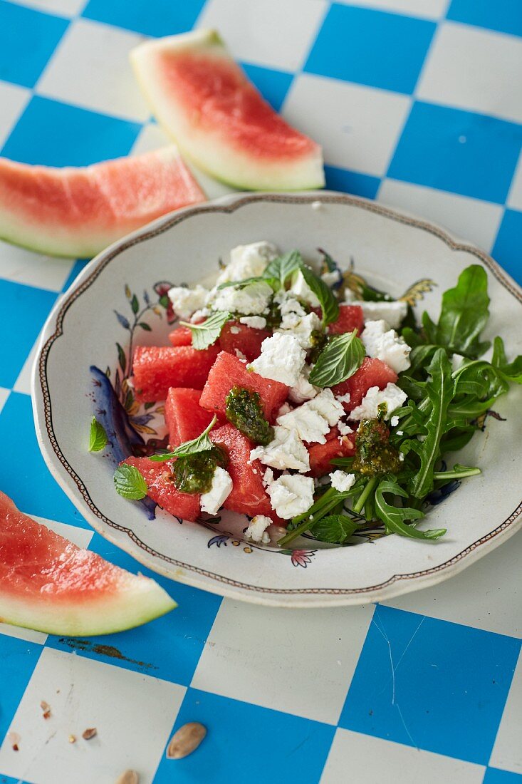 Watermelon and feta cheese salad with pistachio and mint pesto