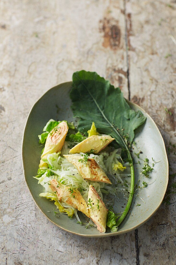Cos lettuce and kohlrabi salad with omelette rolls and an agave syrup vinaigrette