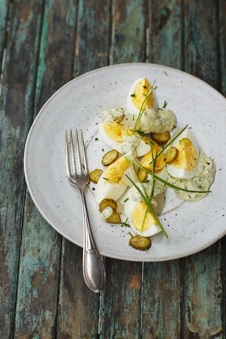 Egg salad with cornichons and herb mayonnaise