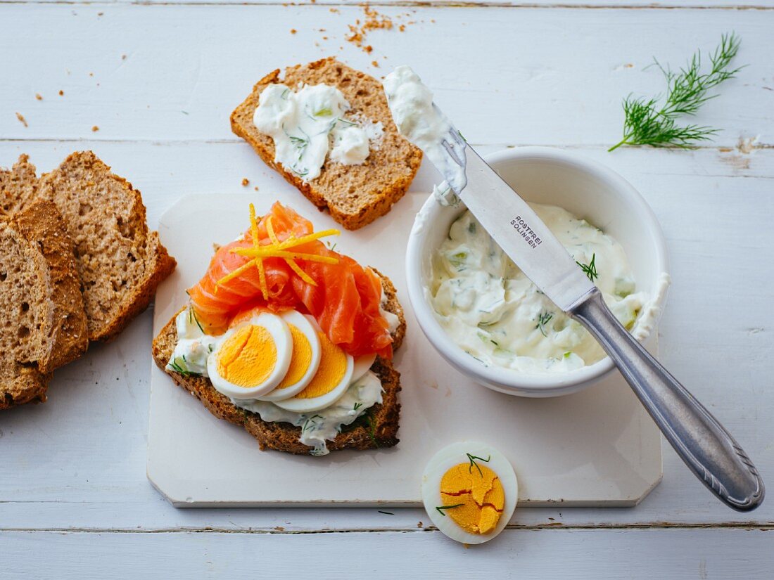 Smoerrebroed with salmon and hard-boiled eggs