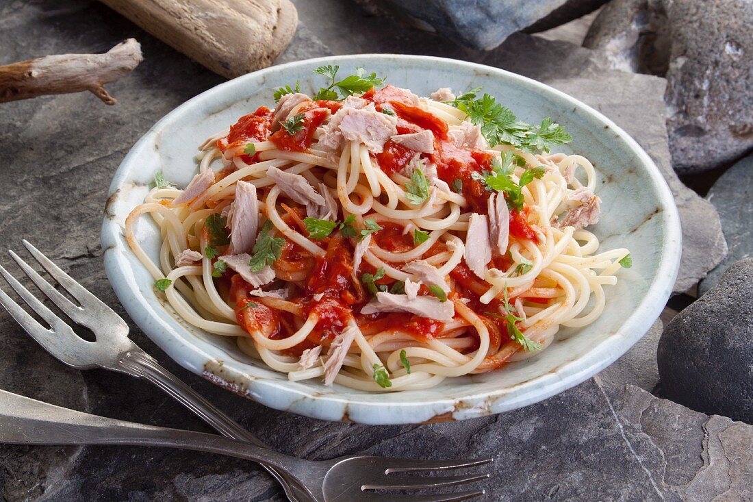 Spaghetti with tuna fish and tomato sauce