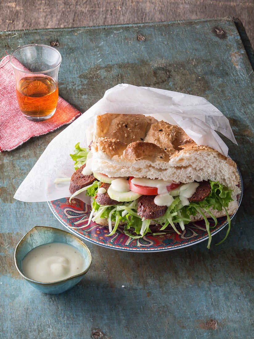 A donner kebab with seitan garlic sausage