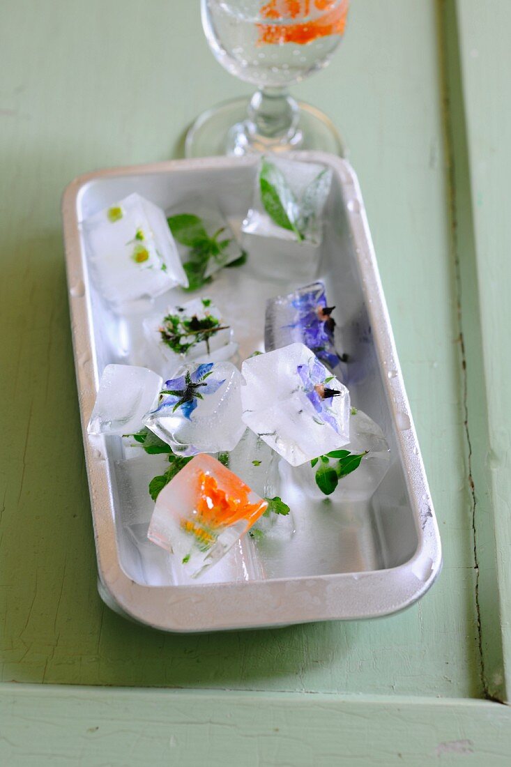 Edible flowers in ice cubes in a metal dish