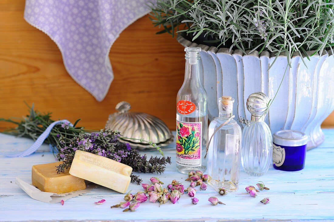 Scented soaps, lavender flowers, rosebuds and rosewater