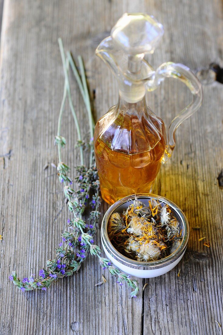 Lavender oil and dried medicinal herbs