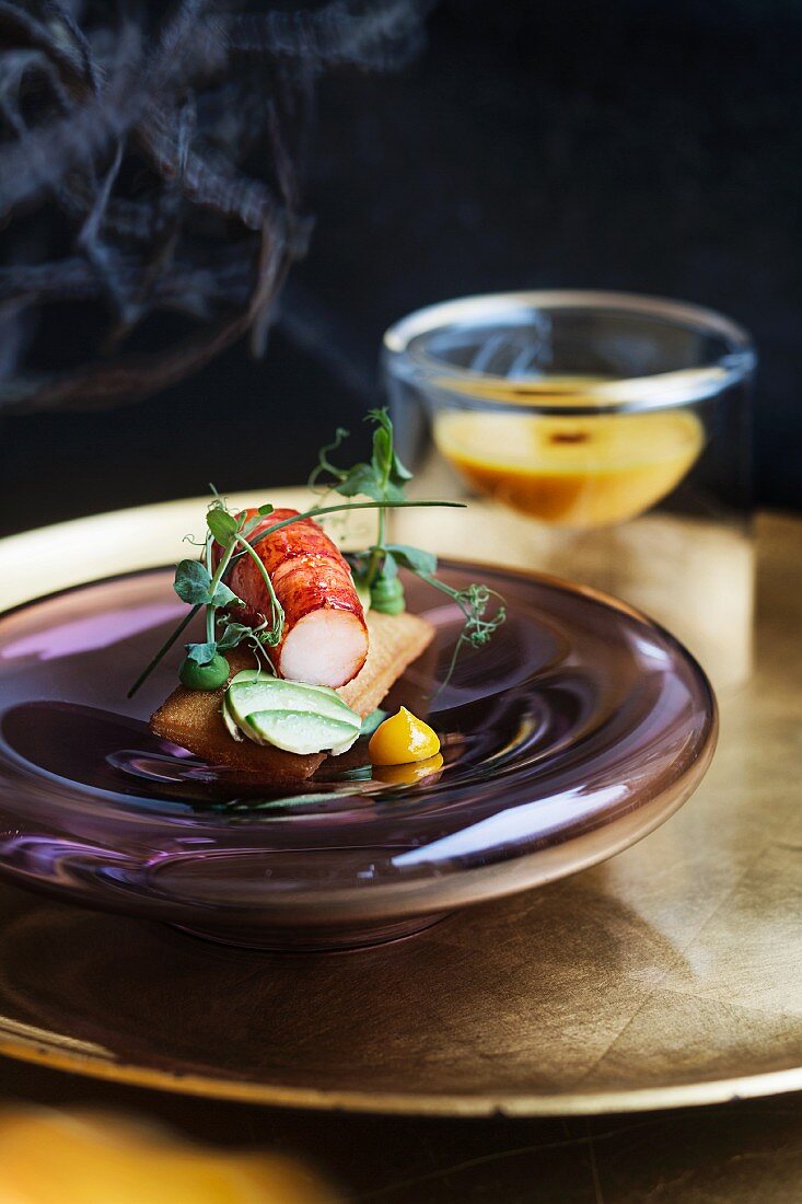 Carabineros, sautéed and as croutons and ebisu and puumpkin soup by Yoshizumi Nagaya, Restaurant 'Nagaya', Düsseldorf