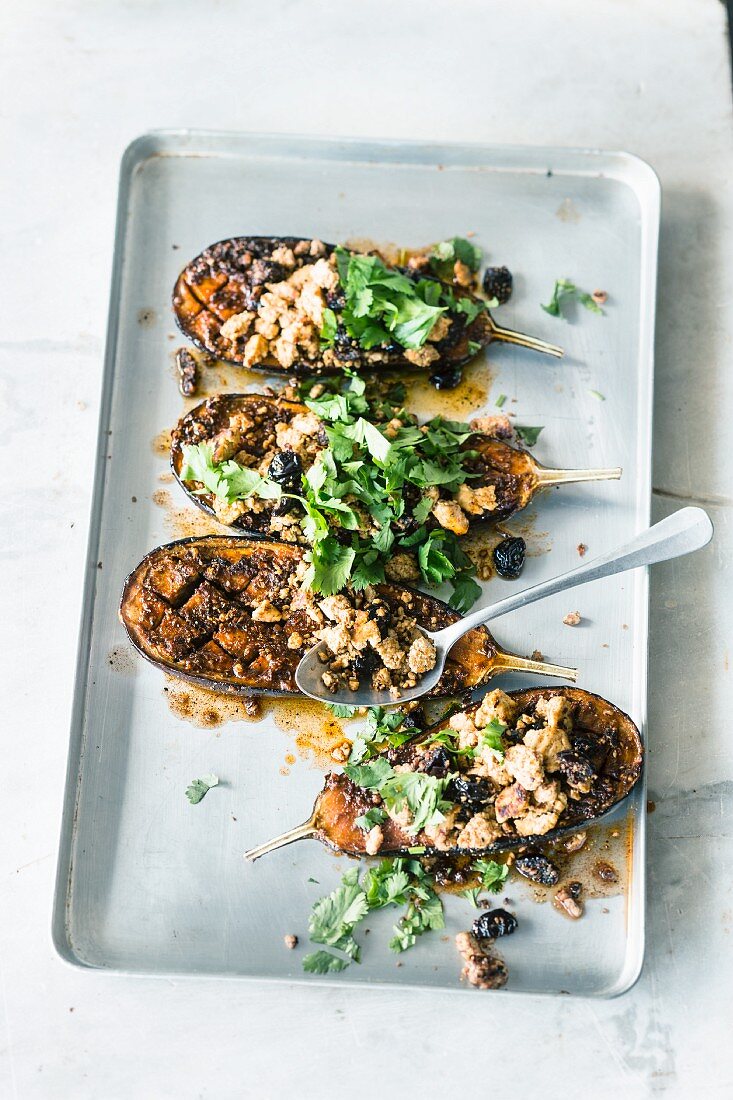 Tofu aubergines with dried cherries and chermoula