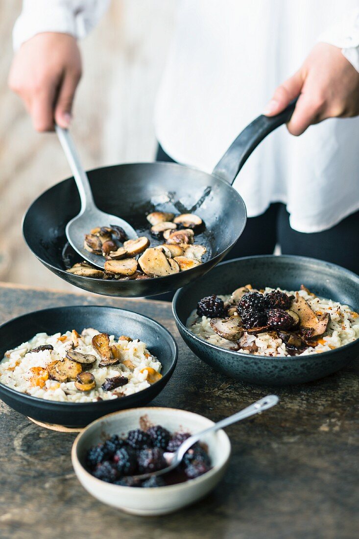 Chocolate mushroom risotto with Parmesan and chilli blackberries