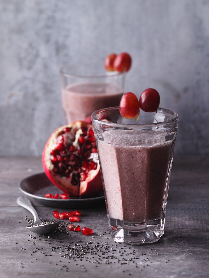 Pomegranate and grape smoothies with maca and chia seeds